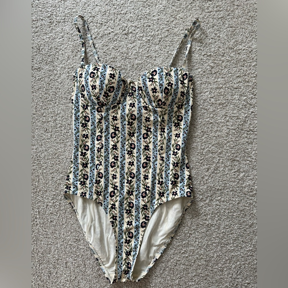 Tory Burch Floral Striped One Piece Swim Suit Cream and Blue-NWT